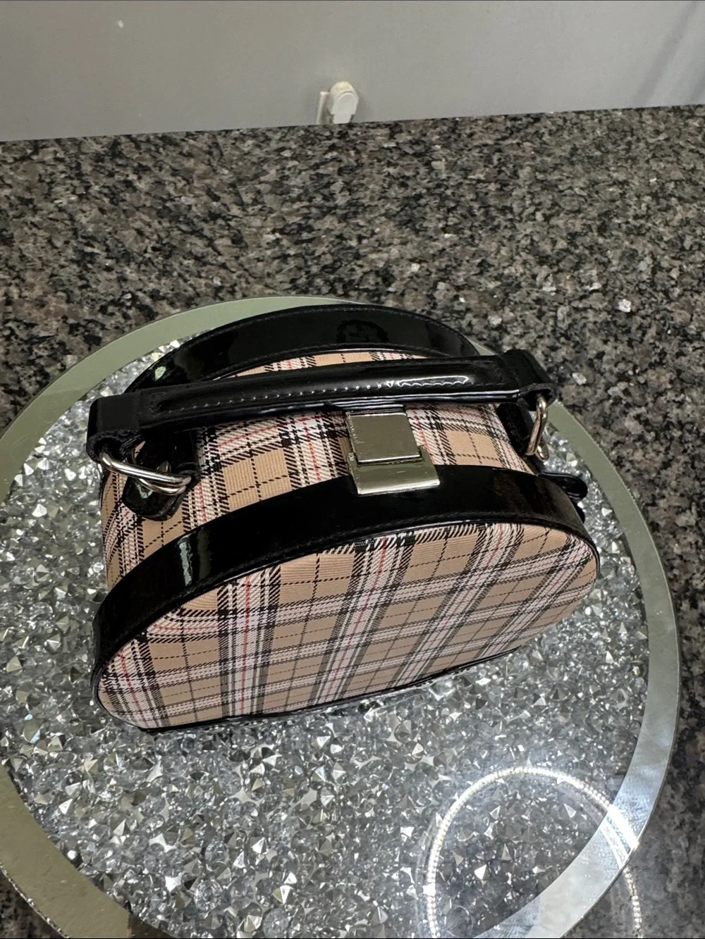 Tartan Plaid circular Shaped Crossbody Bag with Black Trim NWOT